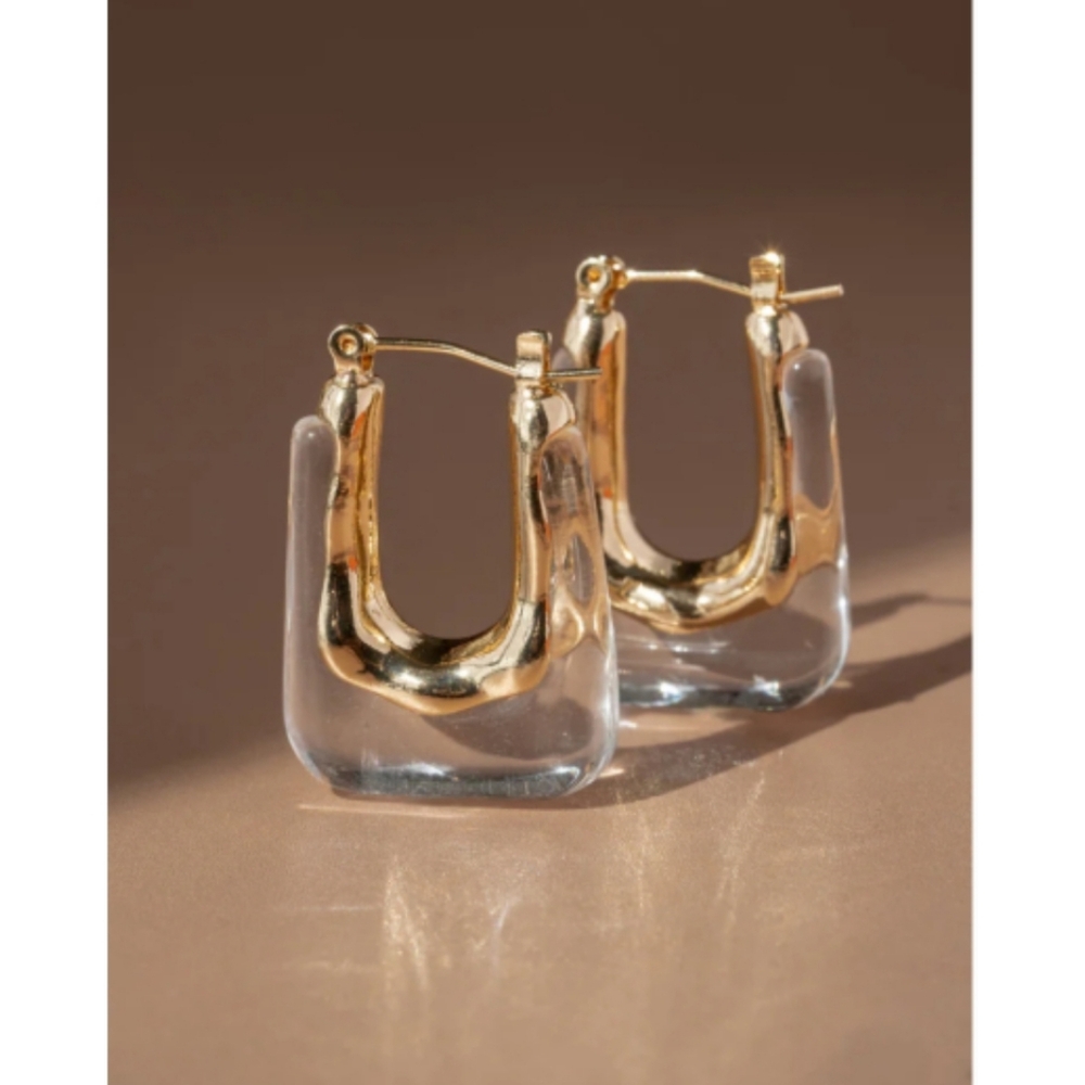 Anthropologie Milan Clear Water Drop Trendy Gold U-Shaped Geometric Earrings